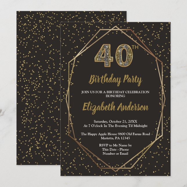 Invitation Glam Black Gold 40th Birthday Party (Devant / Derrière)