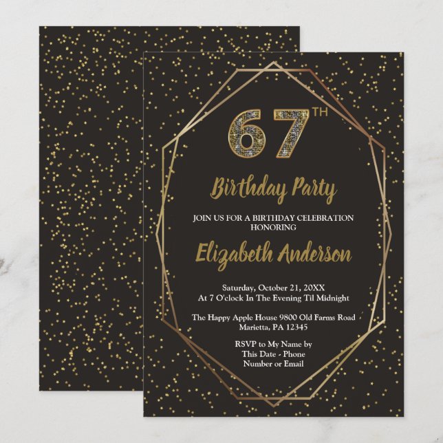 Invitation Glam Black Gold 67th Birthday Party (Devant / Derrière)