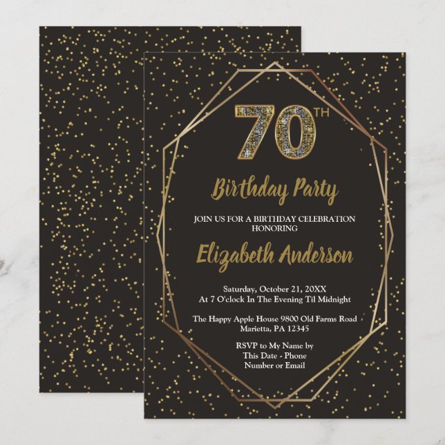 Invitation Glam Black Gold 70th Birthday Party (Devant / Derrière)