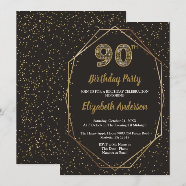 Invitation Glam Black Gold 90th Birthday Party (Devant / Derrière)