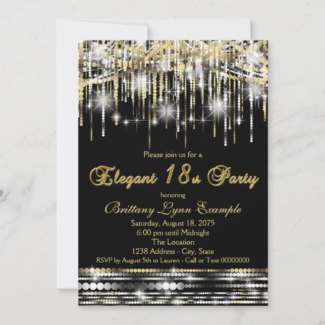 Invitation Glam Black Gold Elegant 18e fête d'anniversaire (Devant)