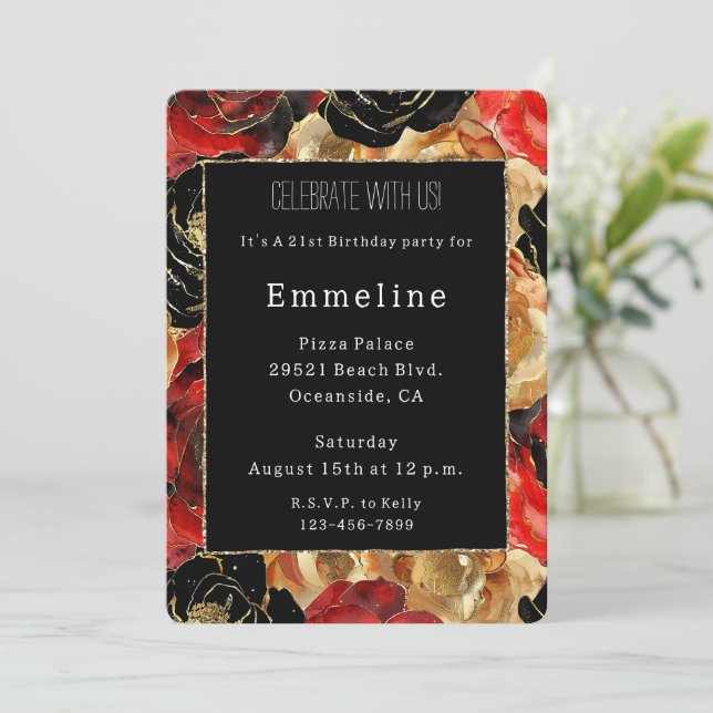 Invitation Glam Black Gold Parties scintillant Glitzy Floral  (Debout devant)