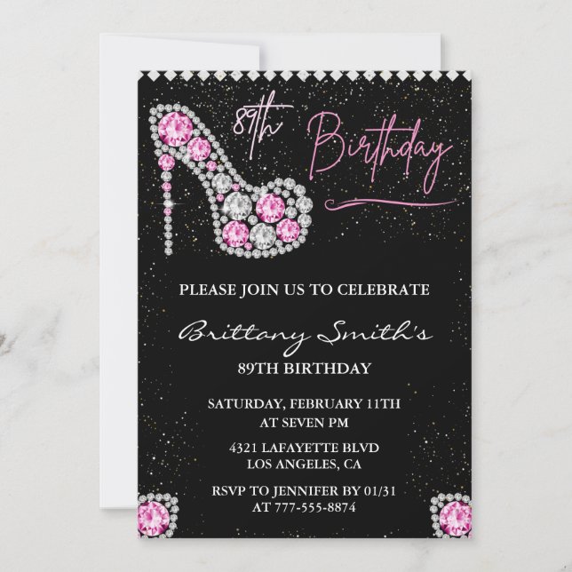 Invitation Glam Black Pink Silver Diamond 89e anniversaire (Devant)