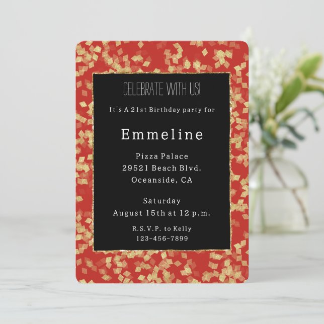 Invitation Glam Black Red Gold Parties scintillant Glitzy Ann (Debout devant)