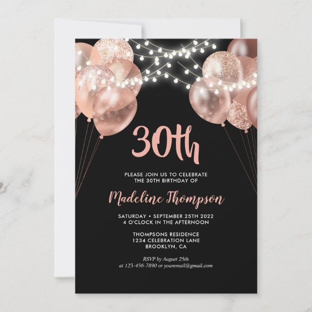 Invitation Glam Black Rose Gold Chaîne de lumière Ballotte An (Devant)