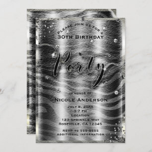 Invitation Glam Black White Zebra & Silver Bling Party