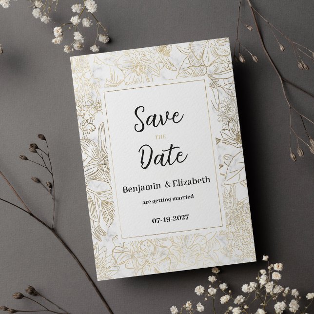 Invitation Glam blanc or gris marbre gris floral Enregistrer  (Glam white gold gray marble floral Save the Date)
