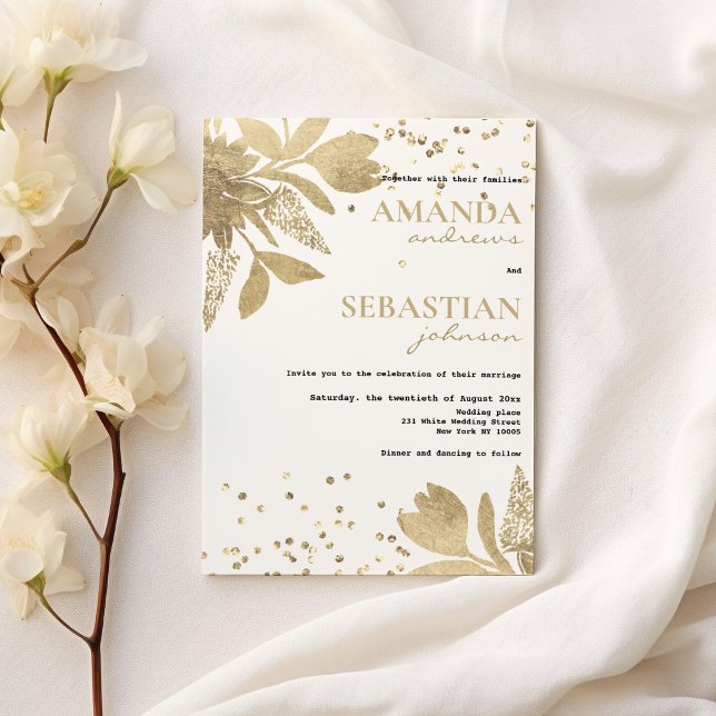 Invitation Glam blanc or typographie confetti floral Mariage (Glam white gold typography confetti floral Wedding )