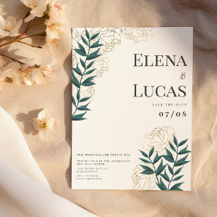 Invitation Glam blanc or vert peoné feuille mariage floral