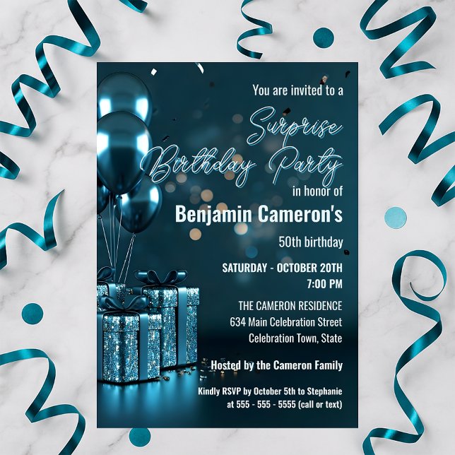 Invitation Glam bleu étincelant 50e fête d'anniversaire surpr (Créateur téléchargé)