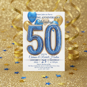 Invitation Glam Blue Gold Ballons 50e anniversaire de mariage