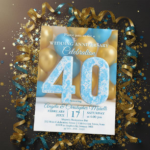 Invitation Glam Blue Gold Balloons 40e anniversaire de mariag