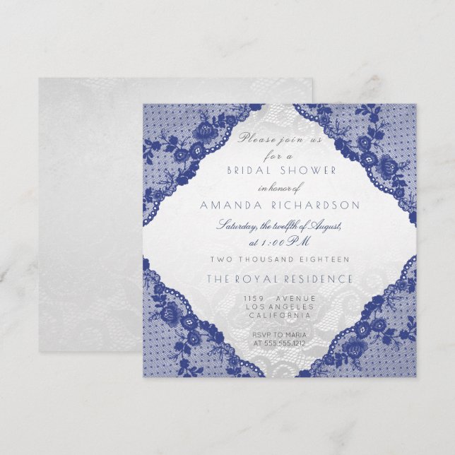 Invitation Glam Blue Navy dentelle argent Fête des mariées fl (Devant / Derrière)