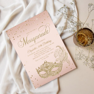 Invitation Glam Blush Parties scintillant or rose Masquerade 