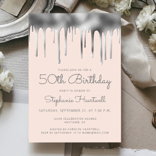 Invitation Glam Blush Rose Argent Paillement de Feuille 50e A