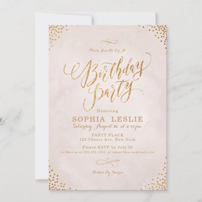 Invitation Glam blush rose or calligraphie anniversaire (Devant)