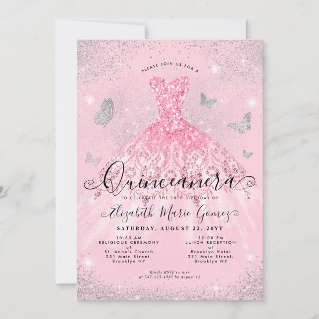 Invitation Glam Blush rose Parties scintillant argent Gown Qu (Devant)