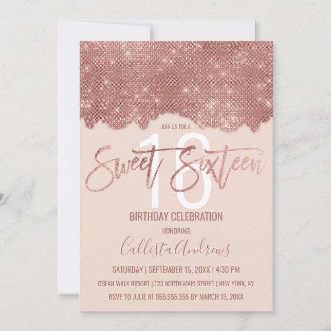 Invitation Glam Blush Rose Parties scintillant or Couleur Blo (Devant)