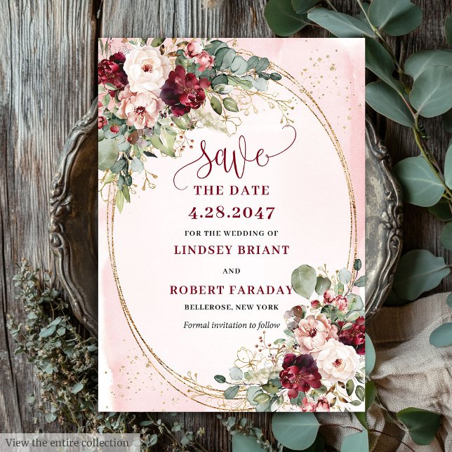 Invitation Glam Boho Deep Red Blush Gold Flowers Save Date (Glam Boho Deep Red Blush Gold Flowers Save Date)