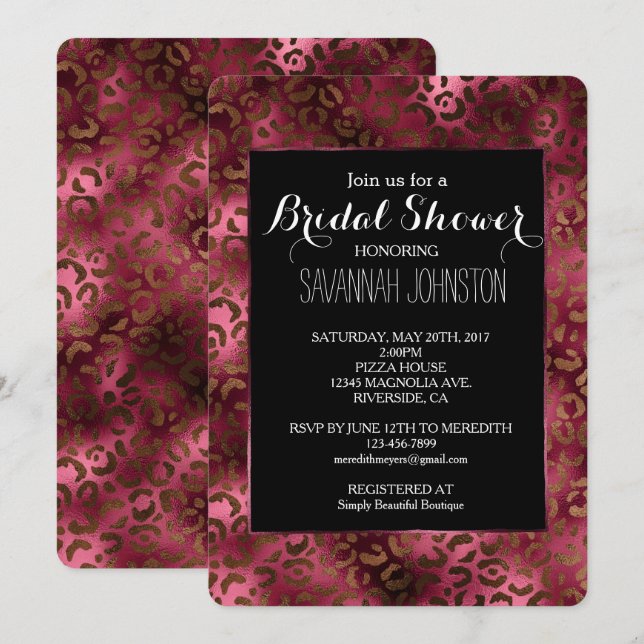 Invitation Glam Brown Bourgogne Empreinte de léopard douche n (Devant / Derrière)