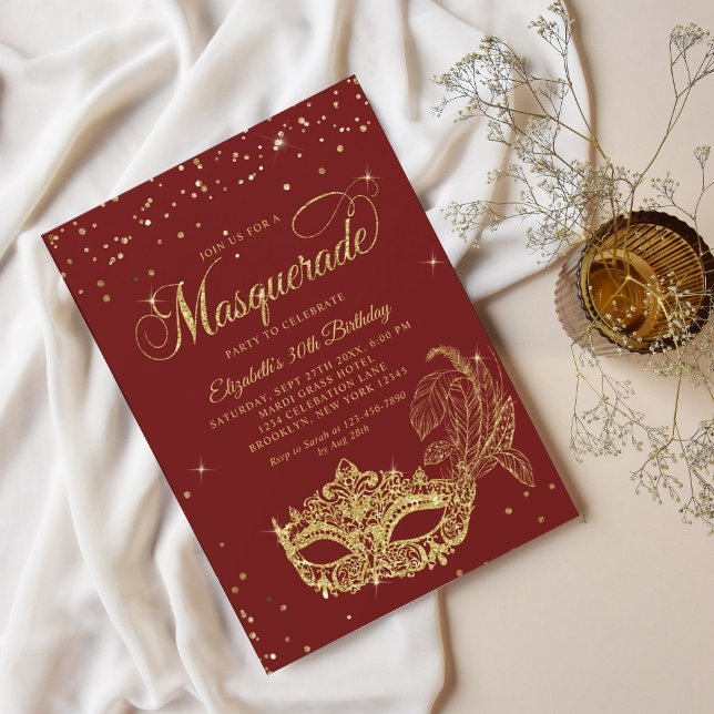Invitation Glam Burgundy Parties scintillant rouge or Masquer (Créateur téléchargé)