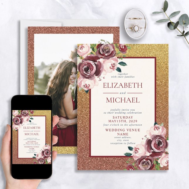 Invitation Glam Burgundy Rose Gold Floral Photo Mariage (Créateur téléchargé)