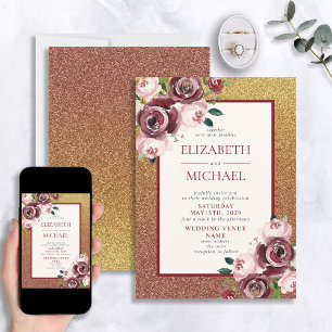 Invitation Glam Burgundy Rose Parties scintillant or Mariage 