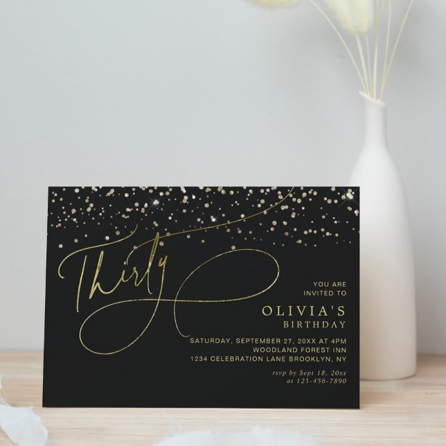 Invitation Glam Calligraphy Black Gold Confetti 30e anniversa (Créateur téléchargé)