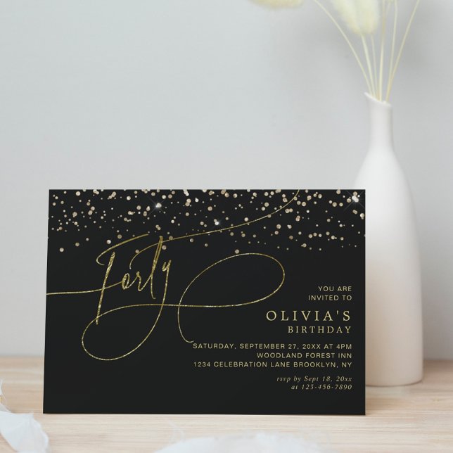 Invitation Glam Calligraphy Black Gold Confetti 40e anniversa (Créateur téléchargé)