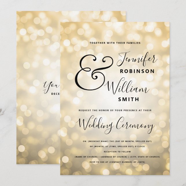 Invitation Glam Champagne d'or Mariage élégant (Devant / Derrière)