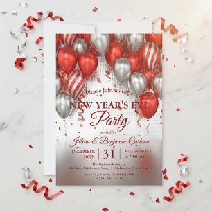 Invitation Glam Chic Red Silver Balloons fête de la Saint-Syl