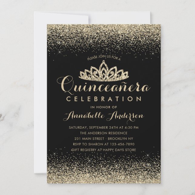Invitation Glam Classic Black Quinceañera Gold Tiara Parties  (Devant)