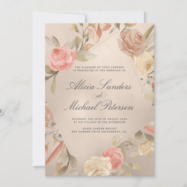 Invitation Glam Classy Peachy or main peint Mariage Rose (Devant)