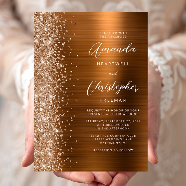 Invitation Glam Copper Brushed Metal Glitter Wedding (Créateur téléchargé)