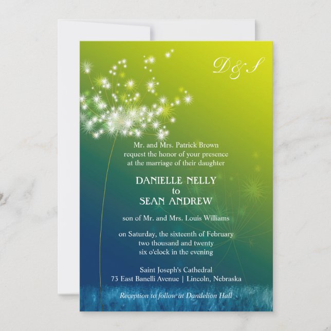 Invitation Glam Dandelions Blue Green Ombre Mariage (Devant)
