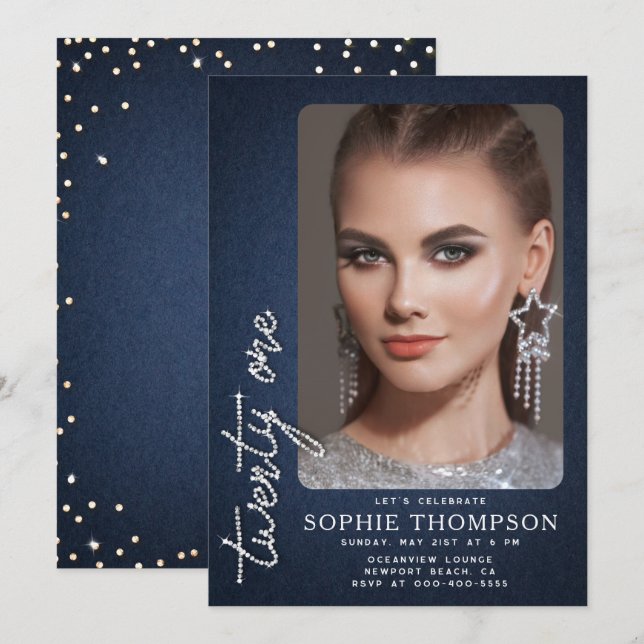Invitation Glam Denim Diamonds Bleu Blanc 21e anniversaire Ph (Devant / Derrière)
