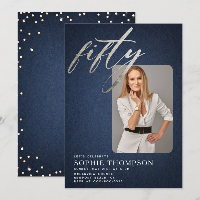 Invitation Glam Denim Diamonds Bleu Blanc 50e Anniversaire Ph (Devant / Derrière)