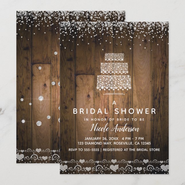 Invitation Glam Diamond Bling Cake Rustic Wood Fête des marié (Devant / Derrière)