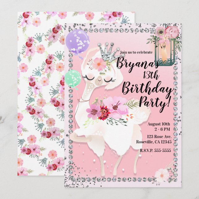 Invitation Glam Diva Llama Princess Anniversaire (Devant / Derrière)