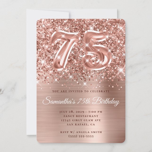 Invitation Glam doré Rose de Glitterie étincelante 75e annive (Devant)