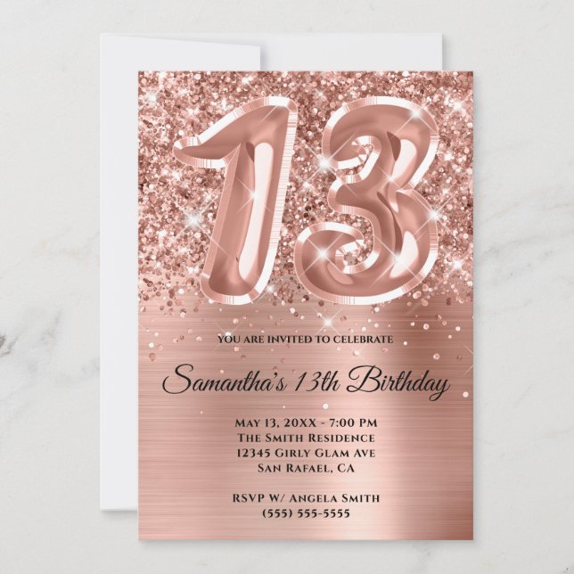 Invitation Glam doré Rose de la Glitterie Sparkly 13e anniver (Devant)
