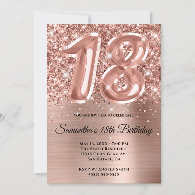 Invitation Glam doré Rose de la Glitterie Sparkly 18e anniver (Devant)