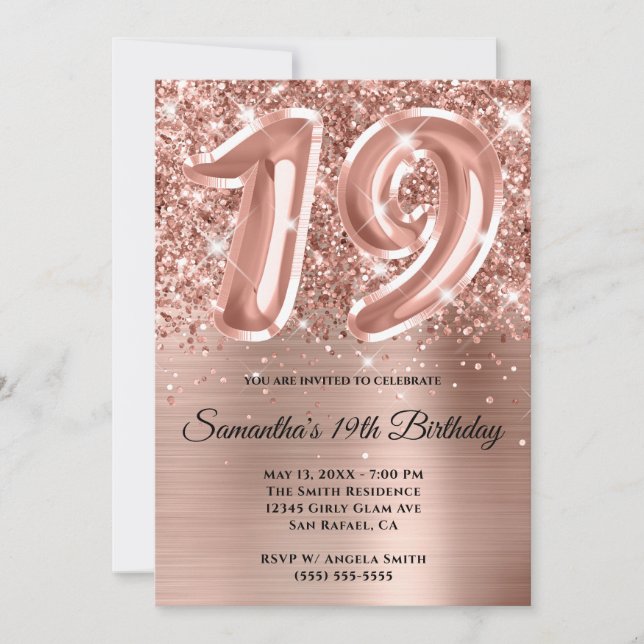 Invitation Glam doré Rose de la Glitterie Sparkly 19e anniver (Devant)