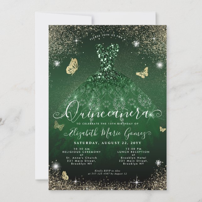 Invitation Glam Emerald Green Gold Parties scintillant Gown Q (Devant)