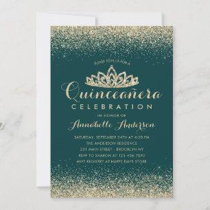Invitation Glam Emerald Green Quinceañera Gold Tiara Parties 