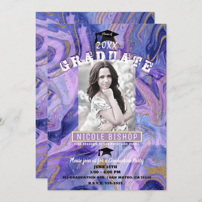 Invitation Glam en marbre d'or violet fête de graduation (Devant / Derrière)