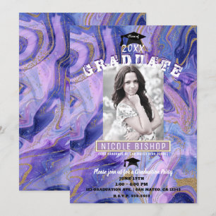 Invitation Glam en marbre d'or violet fête de graduation