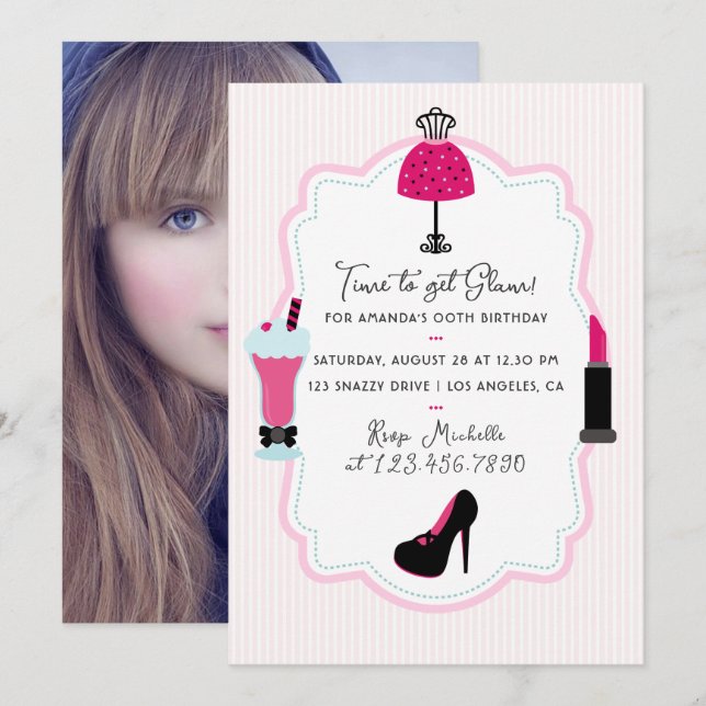 Invitation Glam Fashion Diva Anniversaire Fête Photo Invitati (Devant / Derrière)