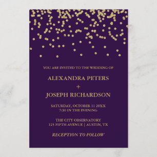 Invitation Glam Faux Gold Confetti et Deep Purple Mariage