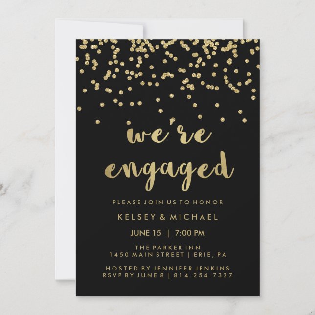 Invitation Glam Faux Gold Confetti sur le Black Engagement Pa (Devant)